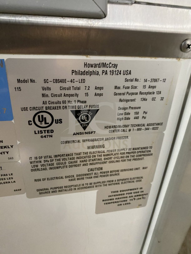 Howard-McCray refrigerated bakery display case, model SC-CBS40E-4C-LED, 115V 1 Phase. Serial No: 14-37067-12.