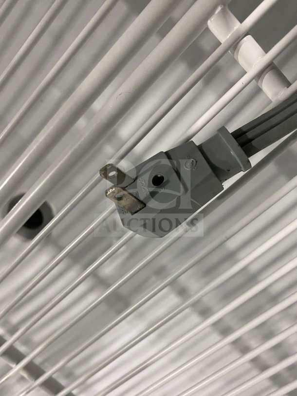 Howard-McCray bakery display case SC-CBS40E-4C-LED plug detail, 115V 1 Phase, SN: 14-37067-12, white rack background.