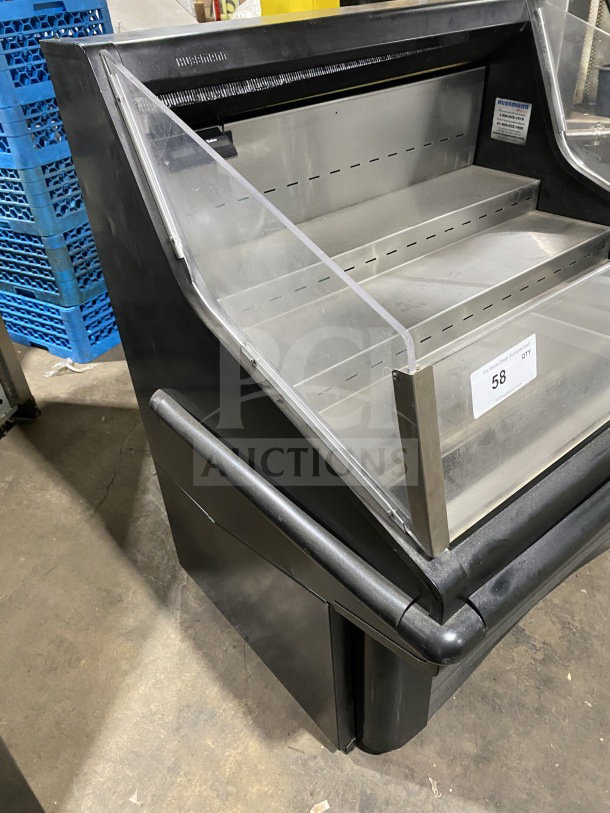 Hussmann commercial open-air horizontal merchandiser, electrical powered, 115V, stainless shelves, clear acrylic front, used condition.