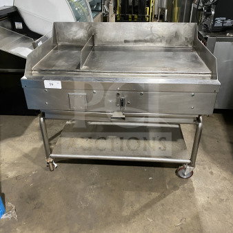 AccuTemp Accu-Steam stainless-steel flat-top griddle on rolling utility stand, gas powered, commercial-grade, used condition.
