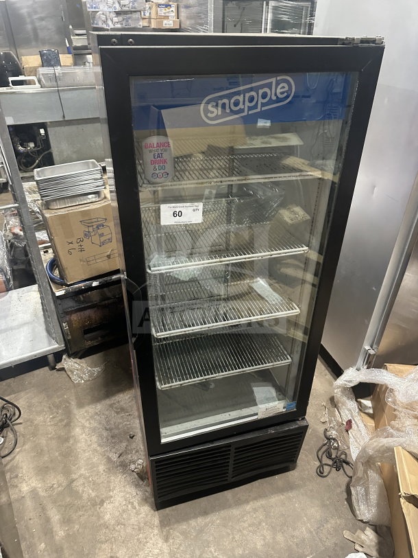 Habco ESM12 Snapple-style merchandiser refrigerator, single glass swing door, poly-coated rack, Energy Star certified.