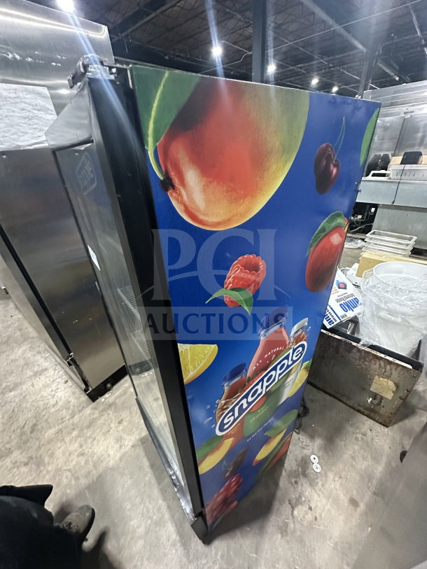 Habco ESM12 Snapple-style commercial refrigerator with single glass swing door, Energy Star certified, poly-coated wired rack.
