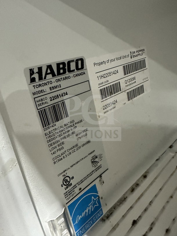 Habco ESM12 Snapple Style Commercial Refrigerator with single glass swing door, Energy Star certified, poly-coated rack.