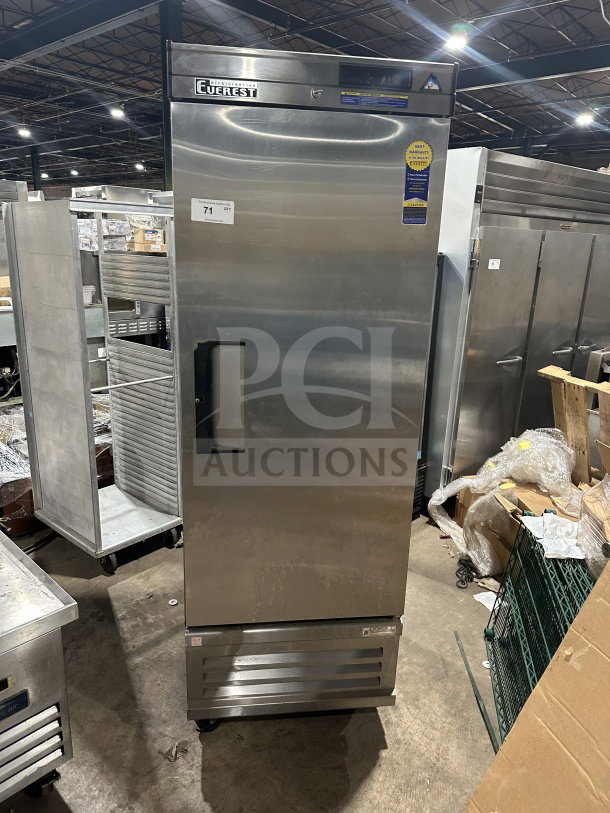 Everest stainless steel single door reach-in freezer, model EBF1, on casters, with poly-coated wire rack, gently used.