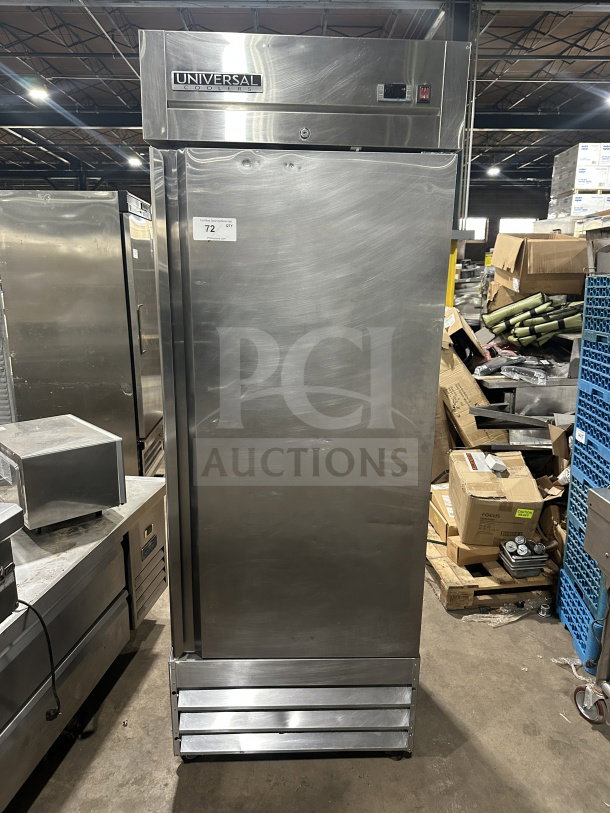 Universal Coolers stainless steel reach-in cooler, model RICI-30. Single door, poly coated rack, on casters, SN: 9117110089.