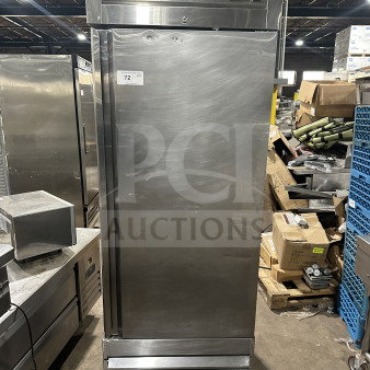 Universal Coolers stainless steel reach-in cooler, model RICI-30. Single door, poly coated rack, on casters, SN: 9117110089.