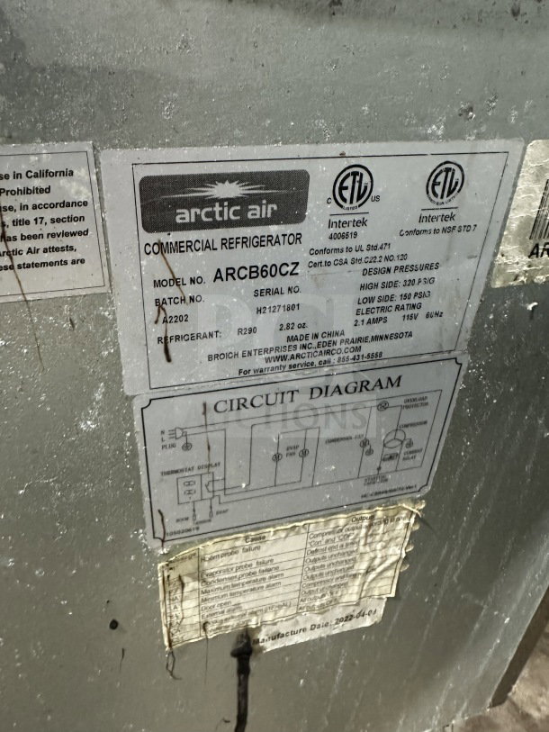 Arctic Air stainless steel 2-drawer refrigerated chef base, model ARCB60CZ, SN: H21271801, 62", 115V, on casters. ETL listed.