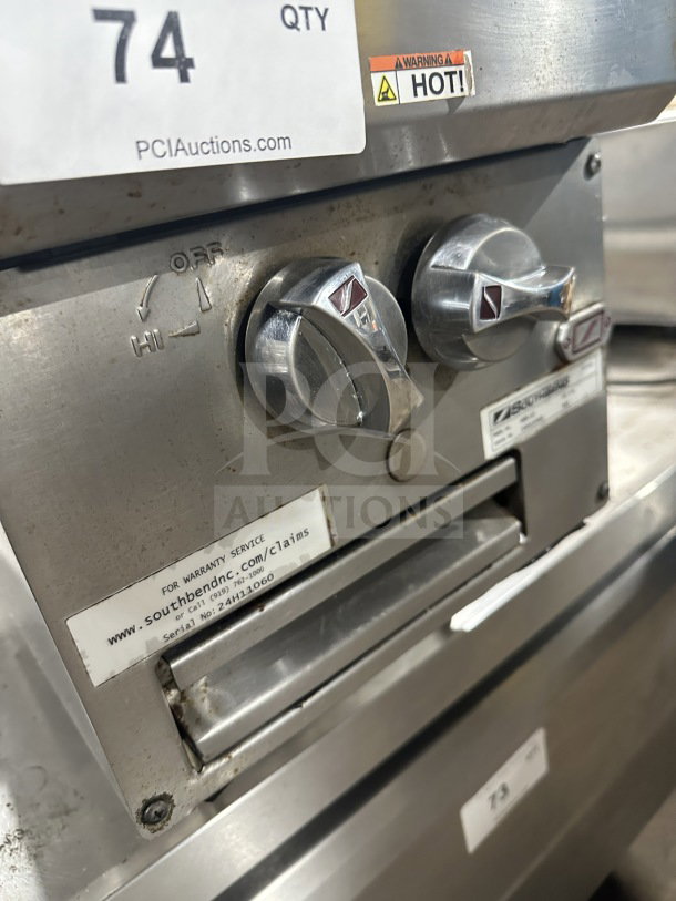 Southbend stainless steel 2-burner hotplate, model HDO-12, with visible controls and labels. Serial: 24H11060.