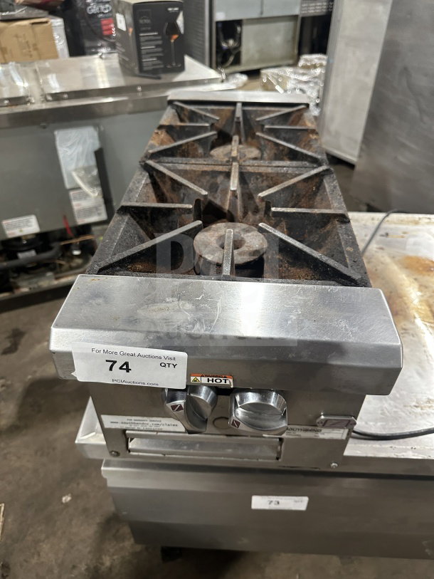 Southbend stainless steel 2-burner hotplate, model HDO-12, natural gas, on legs, visible wear, auction sticker present.