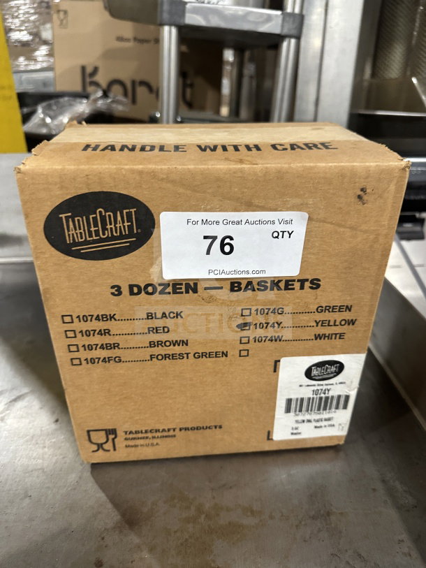 Box of 3 dozen new Table Craft Model 1074Y yellow food baskets. Serial number 30727875011016.