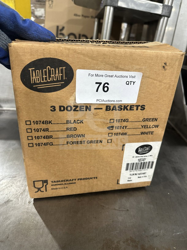 Box of 3 dozen brand new Table Craft yellow food baskets, model 1074Y, SN: 30727875011016.