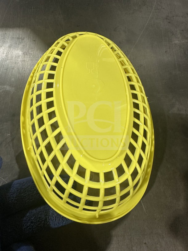 Bright yellow Table Craft commercial food basket, model 1074Y, new condition, grid design, 3 dozen available in original box.