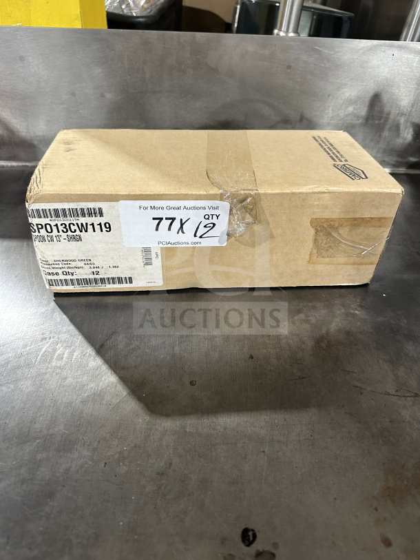 Brown box containing commercial Sherwood Green Plastic Spoon, 13", model SPO13CW119, labeled with "12" quantity.