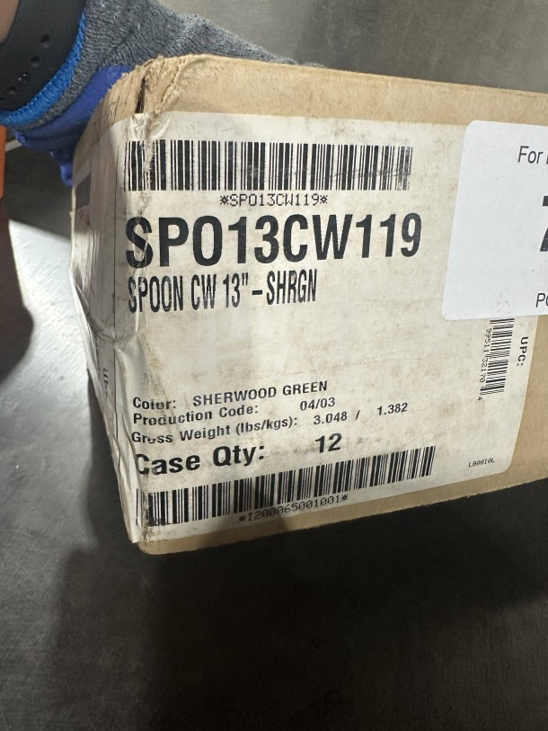 Box of new commercial 13" Sherwood Green plastic spoons, Model SPO13CW119, SN 1200065001001, Case Qty 12.