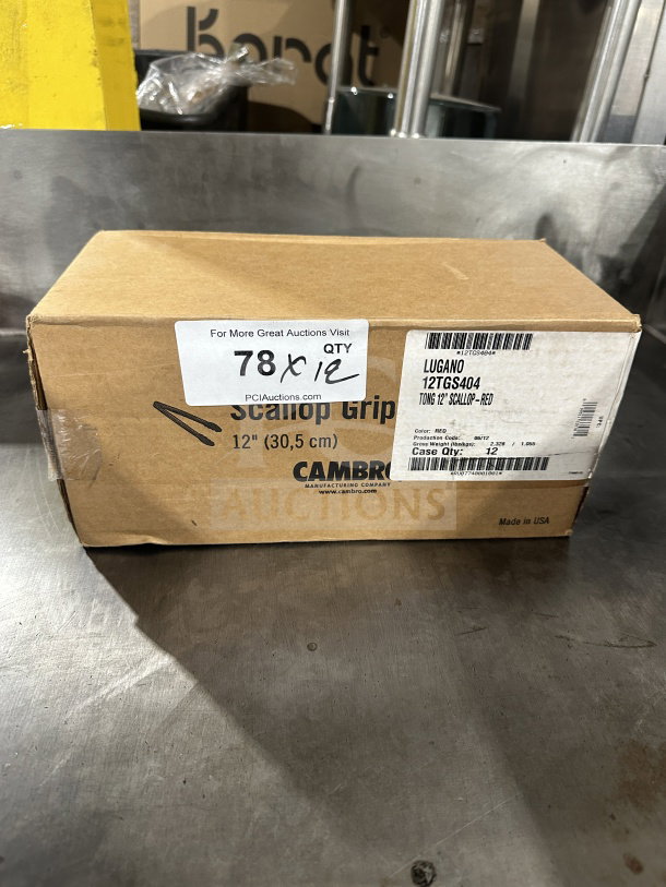 Box of Cambro Lugano 12" red scallop grip tongs, Model 12TGS404, 12 per box, brand new condition, made in USA.