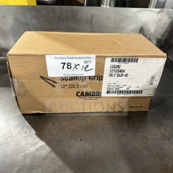 Box of Cambro Lugano 12" red scallop grip tongs, Model 12TGS404, 12 per box, brand new condition, made in USA.