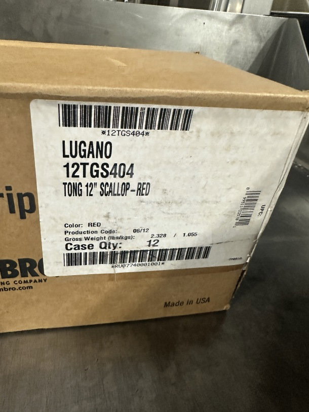 Box containing twelve Cambro Lugano 12" red scallop grip tongs, model 12TGS404. Brand new, commercial use, made in USA.