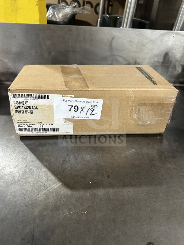 Box containing brand new Camwear Commercial Red Plastic Spoon, Model SPO13CW404, 13 inches, quantity of 12.
