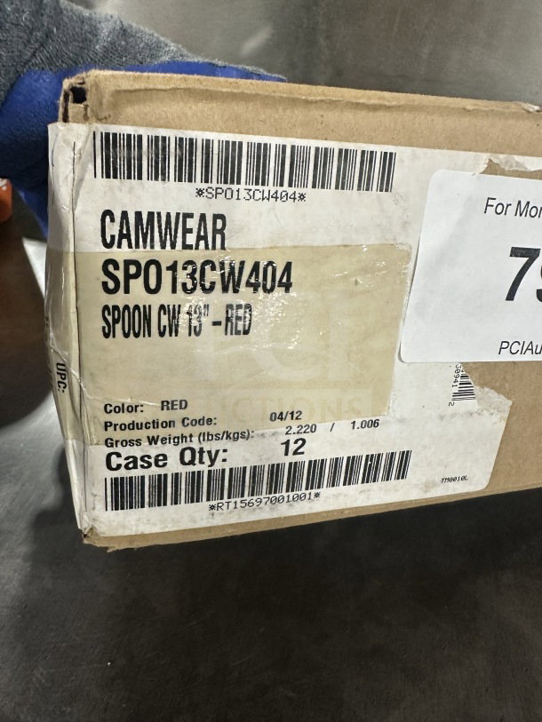 Camwear SPO13CW404 red plastic spoon, 13-inch, unopened box of 12. SN: RT15697001001, production code 04/12.