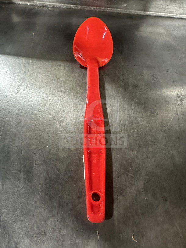 Camwear 13" red plastic spoon, model SPO13CW404, brand new. Commercial-grade, durable design. Box contains 12 spoons.