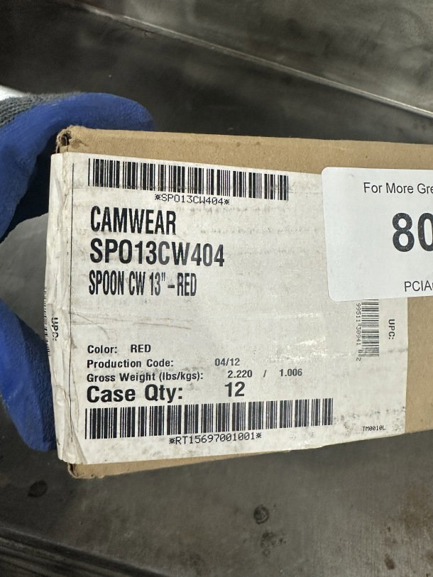 Camwear red plastic spoon, model SPO13CW404, 13" new, in box of 12. Production code 04/12, SN: RT15697001001.