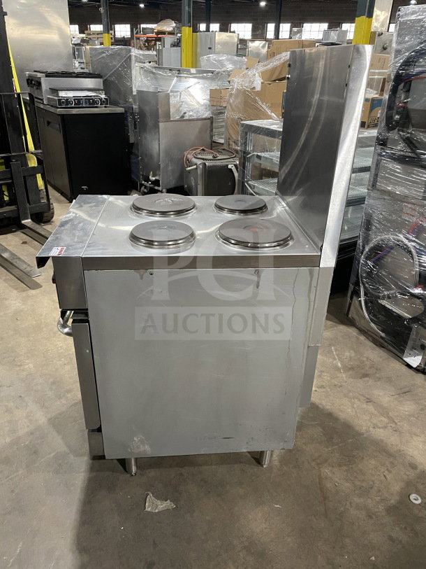 Cookline ER24-208 commercial 4-burner range/oven, stainless steel, electric, backsplash, wired oven rack, on legs, 208V.