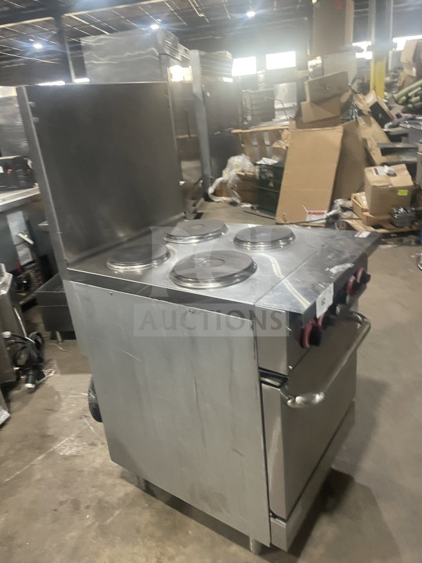 Cookline ER24-208 commercial stainless steel electric 4-burner range/oven combo with backsplash and wired rack, on legs.