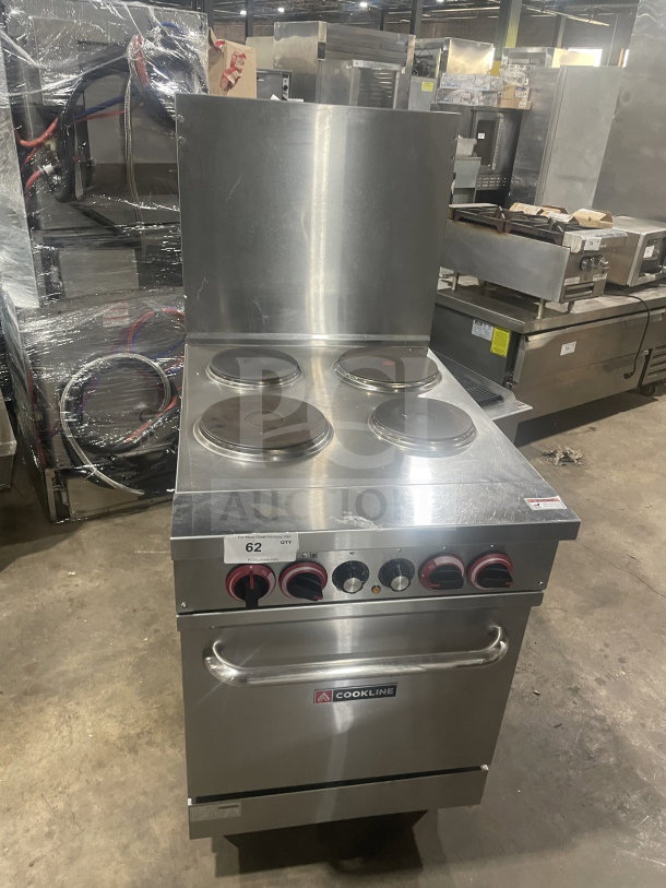 Cookline ER24-208 commercial stainless steel 4-burner electric range/oven combo with backsplash and wired oven rack, on legs.