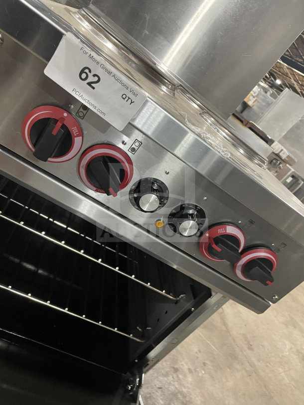 Cookline ER24-208 stainless steel 4-burner electric range/oven combo with backsplash and wired rack, 208V, on legs.