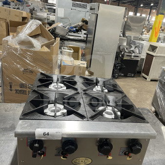 L&J Brands commercial stainless steel 4-burner gas hot plate. Features control knobs, sturdy grates. Marked with model and auction tags.