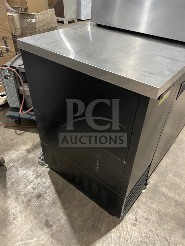 Turbo Air TBB-2SB black 2-door bar back cooler with stainless steel worktop; poly-coated rack included; 110/120V, 1 Phase.