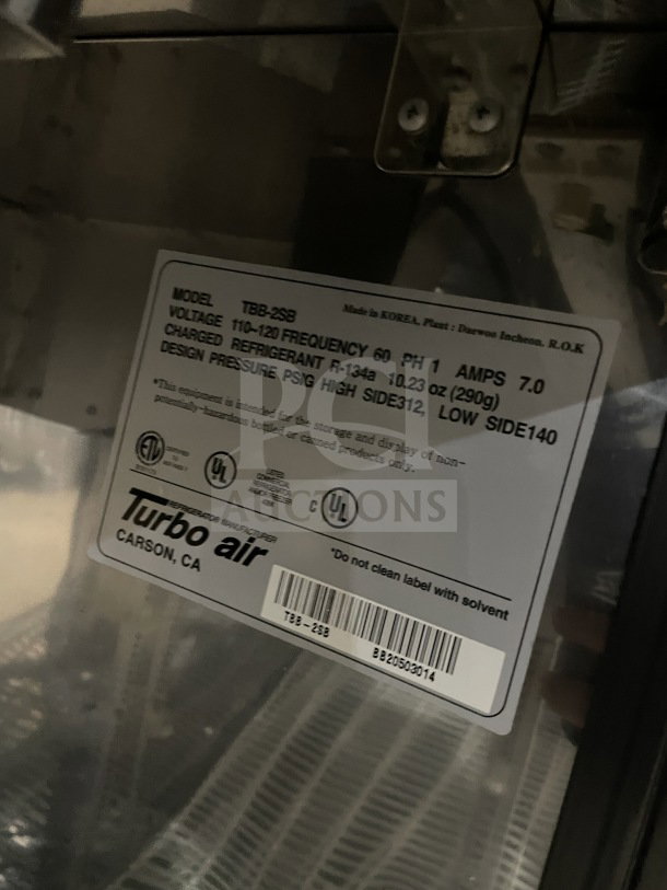 Turbo Air TBB-2SB commercial cooler label, showing model, serial number, voltage, and refrigerant details.