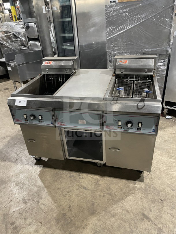 Pitco Frialator BBE145-CQ stainless steel 2-vat fryer with center dump station and basket fryer, electric-powered.