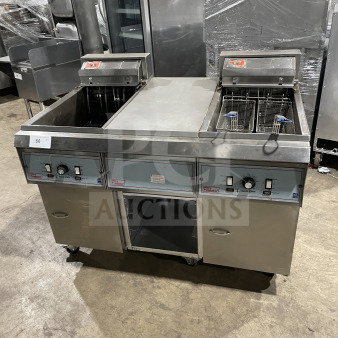 Pitco Frialator BBE145-CQ stainless steel 2-vat fryer with center dump station and basket fryer, electric-powered.