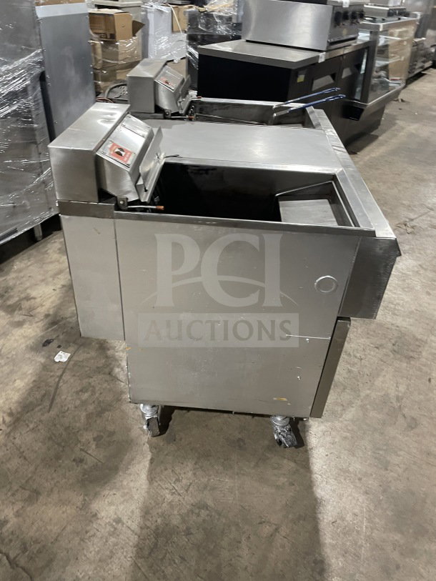 Pitco Frialator stainless steel 2-vat electric fryer, model BBE145-CQ, with center dump station and fryer baskets.