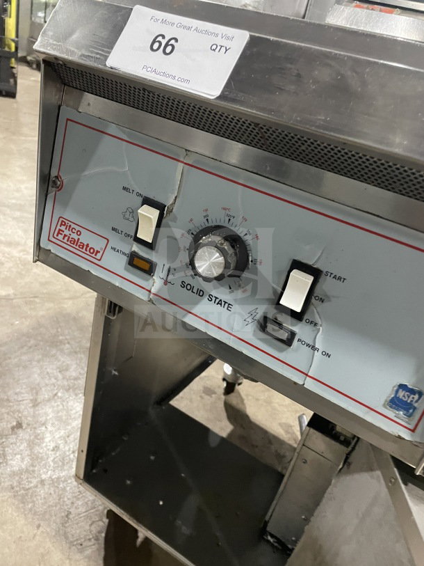 Pitco Frialator stainless steel electric 2-vat fryer model BBE145-CQ with center dump station and basket fryer, labeled "Solid State."