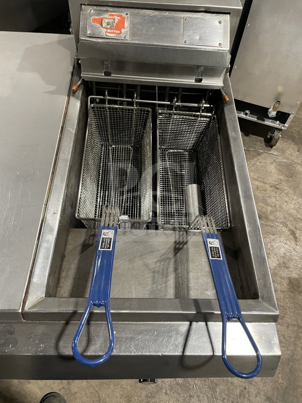Pitco Frialator stainless steel electric fryer, model BBE145-CQ, with two vats, center dump station, and basket fryer.