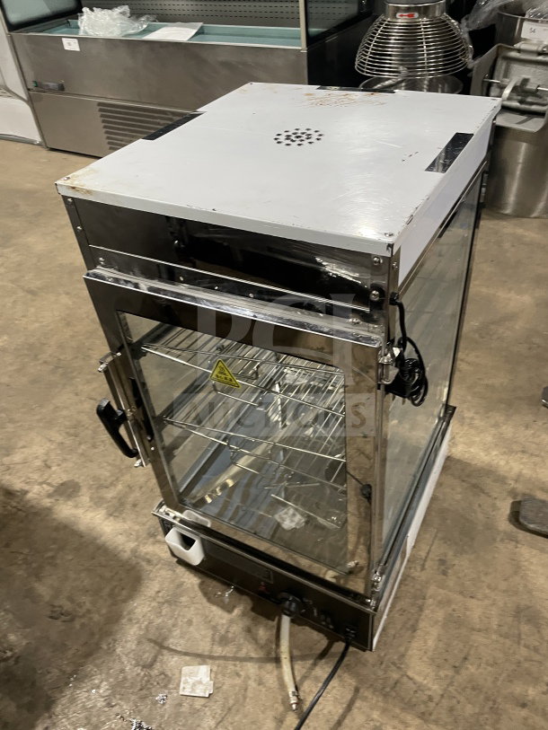 Commercial tabletop food steamer/bun warmer ESTC-16, electric, glass with chrome wire rack, countertop model.