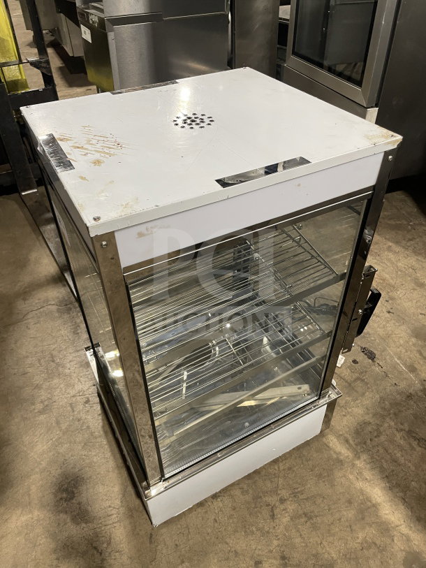 Commercial tabletop food steamer/bun warmer, model ESTC-16, electric, glass with chrome-plated wire rack, countertop unit.
