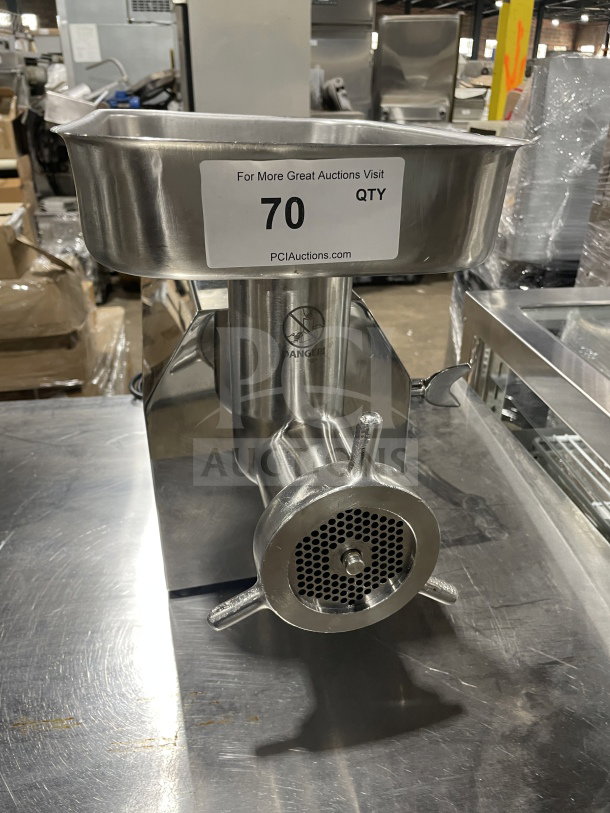 Skyfood SMG22F commercial meat grinder, electric-powered, stainless steel, heavy-duty, excellent condition with visible label.