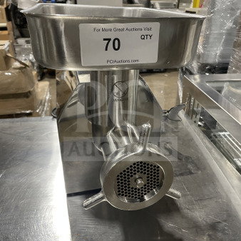 Skyfood SMG22F commercial meat grinder, electric-powered, stainless steel, heavy-duty, excellent condition with visible label.