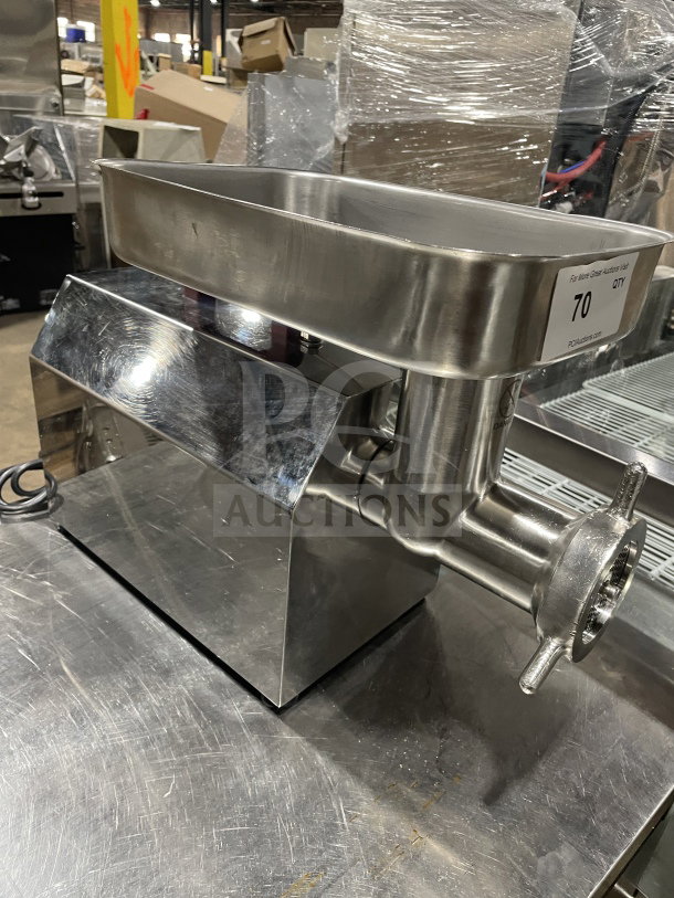Skyfood SMG22F electric meat grinder, stainless steel, heavy-duty, countertop model, excellent condition, model tag visible.