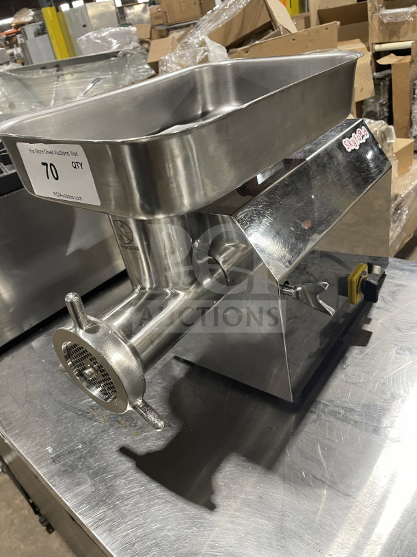 Skyfood SMG22F commercial meat grinder, stainless steel, electric, countertop model. Excellent condition with visible label.