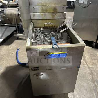 Pitco 65C+ commercial deep fat fryer, stainless steel, natural gas, with backsplash and frying basket, on casters.