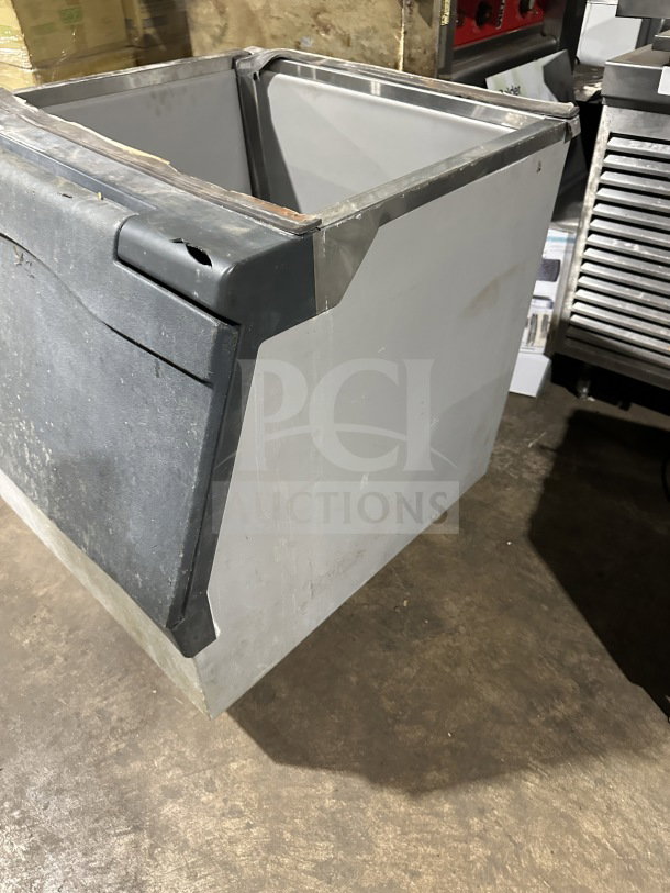 Scotsman B330P commercial ice bin, air-cooled, electric, on legs. Visible wear, designed for cube-style ice. Model: B330P.