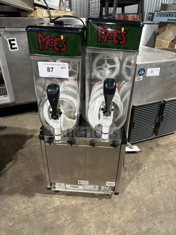 Crathco Moe's Series commercial double beverage cooler dispenser, Model ID22B/MG23-2B, 115V, 1Phase, SN: 17279.