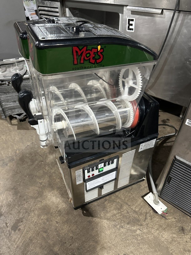 Crathco Moe's Series Commercial Double Beverage Cooler Dispenser, Model ID22B/MG23-2B, stainless steel, 115V, used.