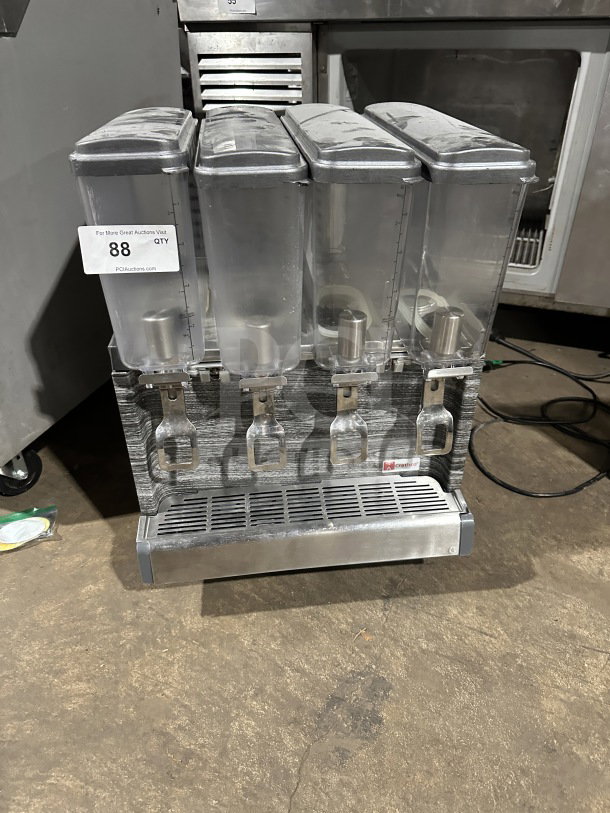 2019 Crathco CS4E countertop beverage dispenser, 4 clear poly hoppers, stainless steel body, on legs, Model CS4E/2D/3D16.