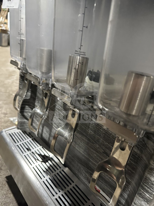 2019 Crathco CS4E Commercial Beverage Dispenser, 4 hopper, clear poly jugs, stainless steel, on legs, SN: T458048.
