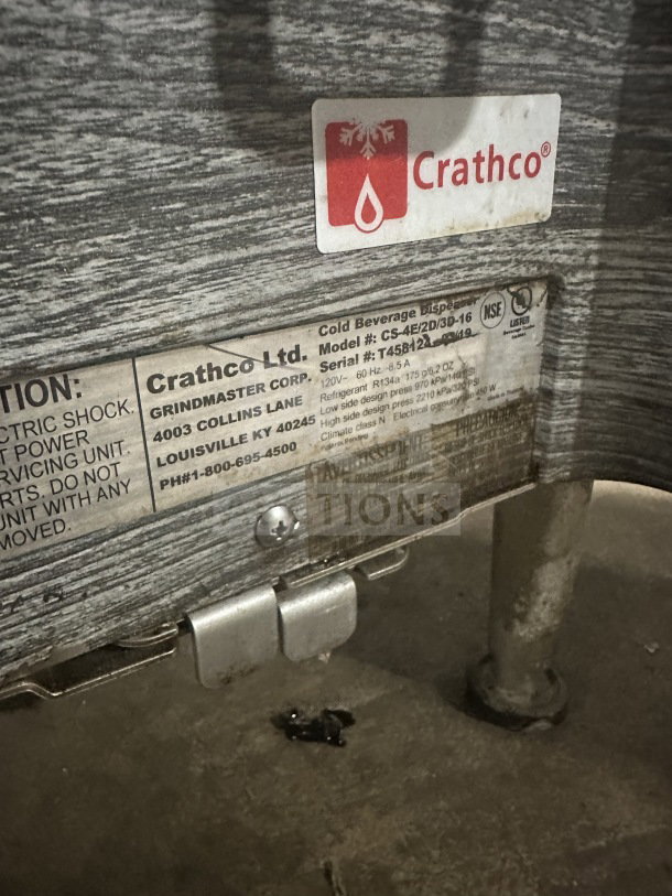 2019 Crathco countertop beverage dispenser, model CS4E/2D/3D16. Stainless steel, 4 hoppers, clear poly jugs. Serial T458109.